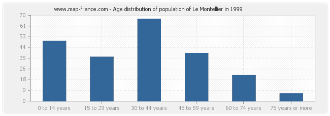 Age distribution of population of Le Montellier in 1999